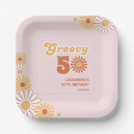 Retro Daisy Boho Orange Pink 50th Birthday Papieren Bordje