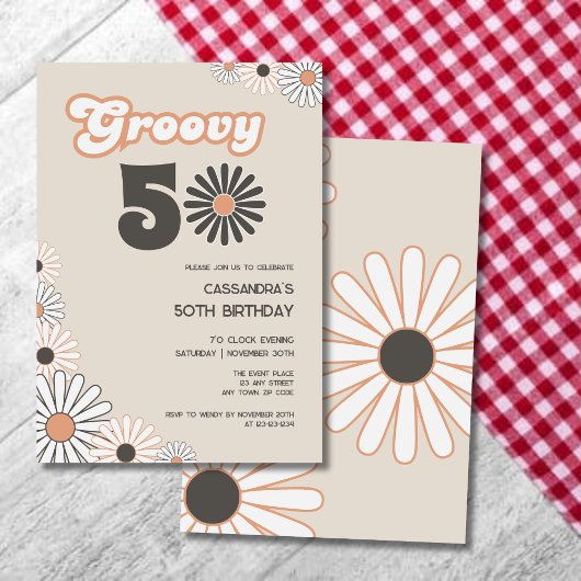 Retro Daisy Boho Terracotta Natural 50th Birthday Kaart