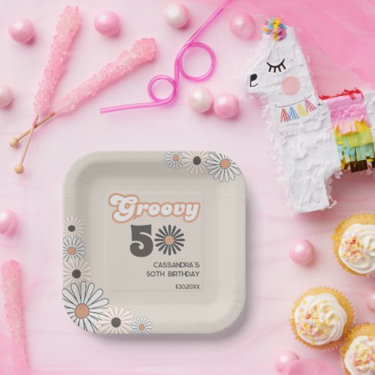 Retro Daisy Boho Terracotta Natural 50th Birthday Papieren Bordje (Feest)