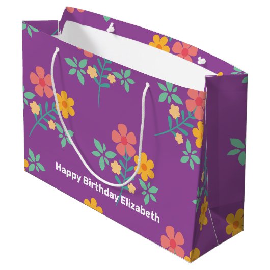 Retro Daisy Bouquet Pattern in Paars Gepersonalise Groot Cadeauzakje (Achterkant Gekanteld)
