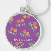 Retro Daisy Bouquet Pattern in Paars Sleutelhanger (Voorkant)