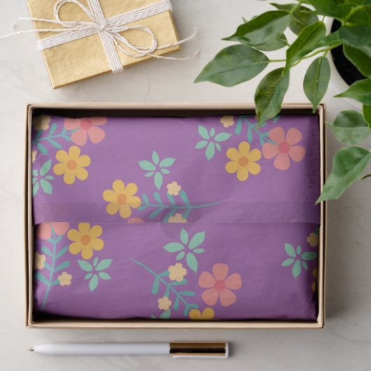 Retro Daisy Bouquet Pattern in Paars Tissuepapier (Geschenk)