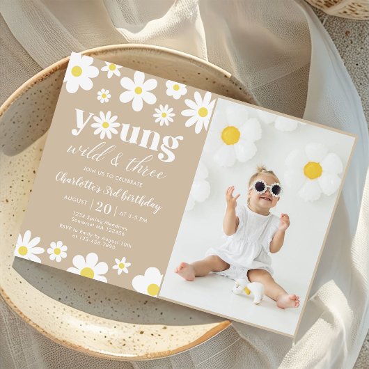 Retro Daisy Drie Bloemen 3e Verjaardag Foto Kaart