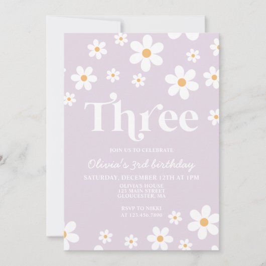 Retro Daisy DRIE Bloemen 3e Verjaardag Uitnodiging (Voorkant)