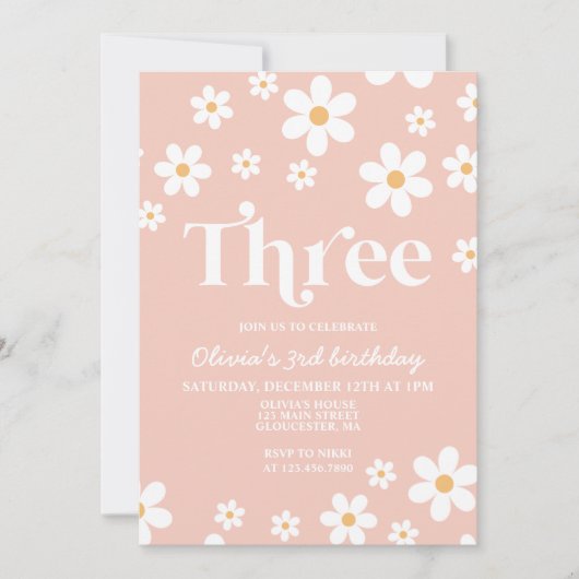 Retro Daisy DRIE Bloemen 3e Verjaardag Uitnodiging (Voorkant)