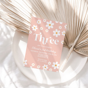 Retro Daisy DRIE Bloemen 3e Verjaardag Uitnodiging