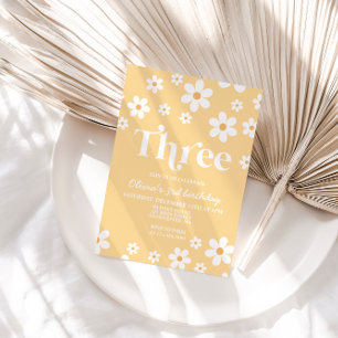 Retro Daisy DRIE Bloemen 3e Verjaardag Uitnodiging