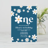 Retro Daisy Eerste Verjaardagsuitnodiging met Bloe Kaart (Staand voorkant)