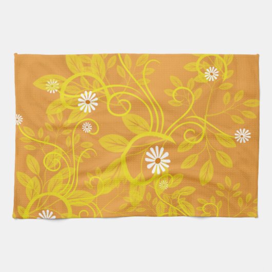 Retro Daisy en gele Filigree over Sinaasappel Theedoek (Horizontaal)