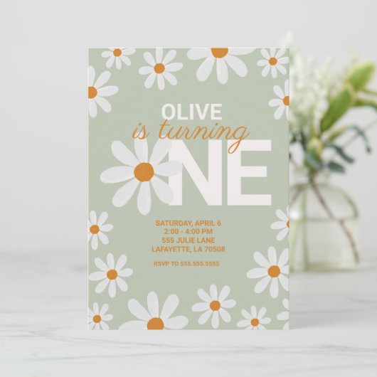 Retro Daisy First Birthday Party Kaart (Staand voorkant)