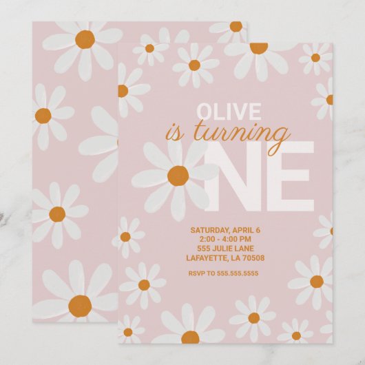 Retro Daisy First Birthday Party Kaart (Voorkant / Achterkant)