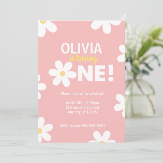 Retro Daisy First Birthday Party Kaart (Staand voorkant)