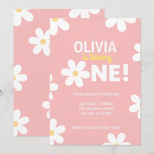 Retro Daisy First Birthday Party Kaart (Voorkant / Achterkant)