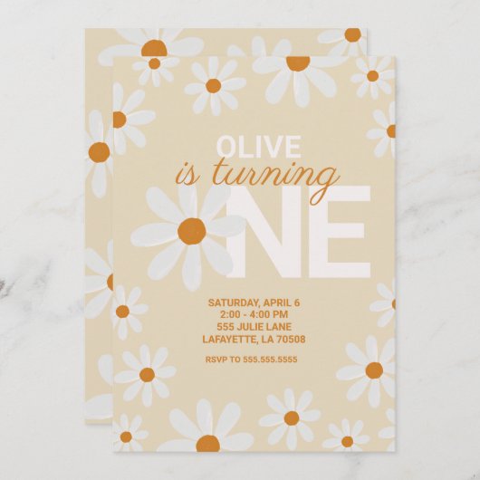 Retro Daisy First Birthday Party Kaart (Voorkant / Achterkant)