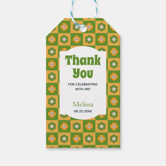 Retro Daisy Floral Checkered Green Bedankt Cadeaulabel (Voorkant)