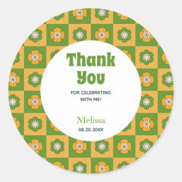 Retro Daisy Floral Checkered Green Bedankt Ronde Sticker