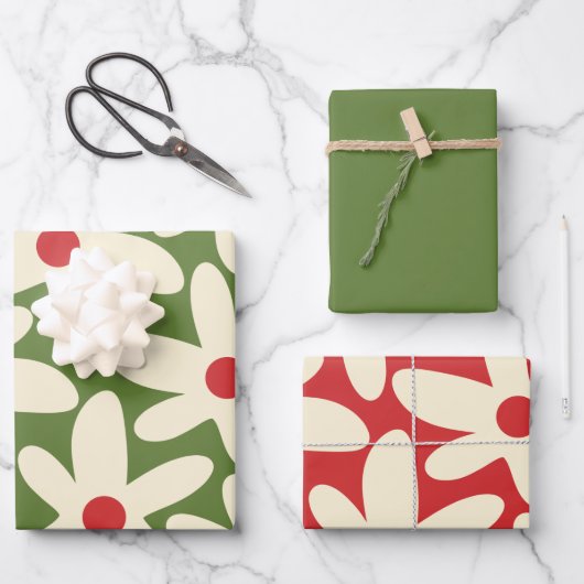 Retro Daisy Floral kerstpatronen Inpakpapier Vel (Voorkant)