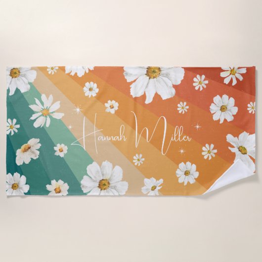Retro Daisy Floral Rainbow Monogram Strandlaken (Voorkant)