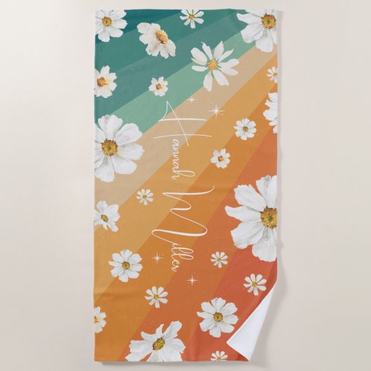 Retro Daisy Floral Rainbow Monogram Strandlaken (Voorkant)