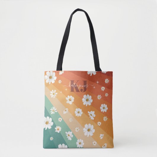 Retro Daisy Floral Rainbow Monogram Tote Bag (Voorkant)