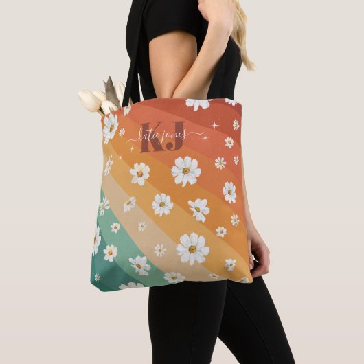 Retro Daisy Floral Rainbow Monogram Tote Bag (Dichtbij)