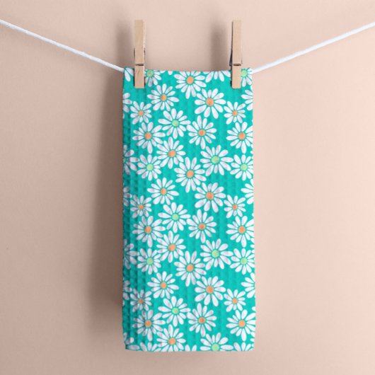 Retro Daisy Florals op Blauwgroen Groen Theedoek