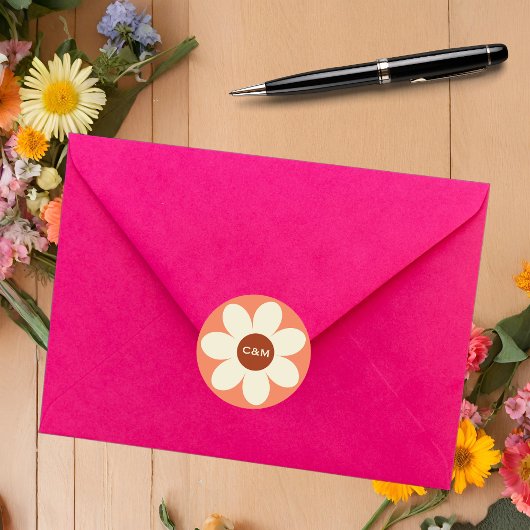 Retro Daisy Flower Boho Bruiloft Initialen Ronde Sticker