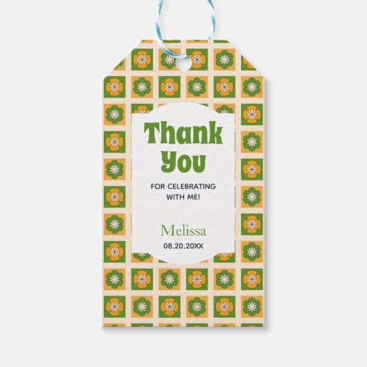 Retro Daisy Flower Checkered Green Bedankt Cadeaulabel (Voorkant)