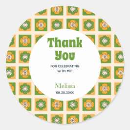 Retro Daisy Flower Checkered Green Bedankt Ronde Sticker