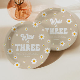 Retro Daisy Flower Wild & Drie 3e Verjaardagsfeest Papieren Bordje