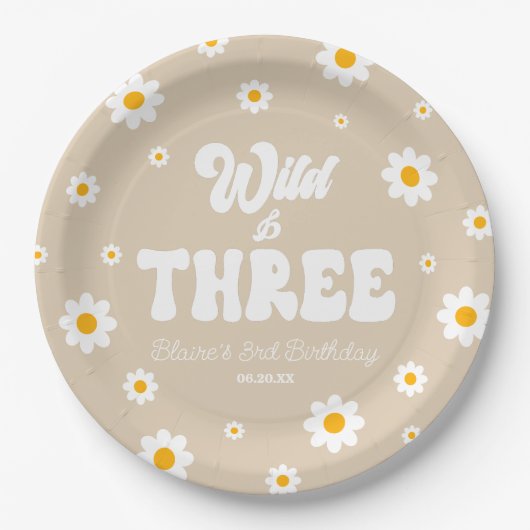 Retro Daisy Flower Wild & Drie 3e Verjaardagsfeest Papieren Bordje (Voorkant)