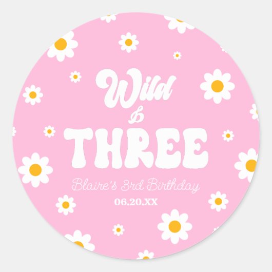 Retro Daisy Flower Wild & Drie 3e Verjaardagsfeest Ronde Sticker (Voorkant)