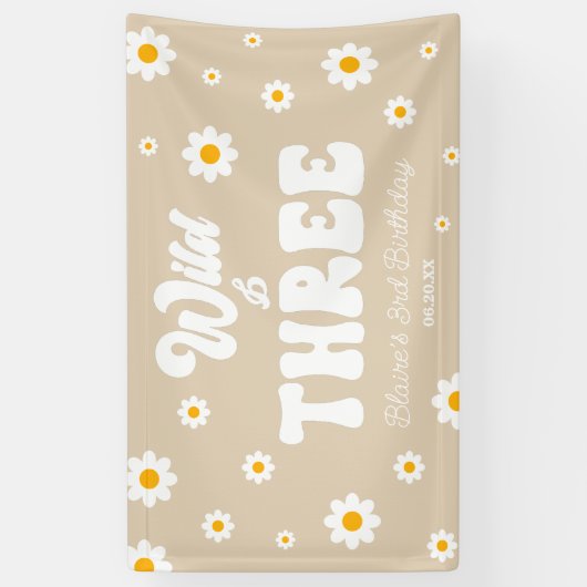 Retro Daisy Flower Wild & Drie 3e Verjaardagsfeest Spandoek (Verticaal)