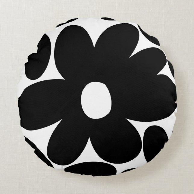 Retro Daisy Flowers in Black & White #1 #floral Rond Kussen (Voorkant)