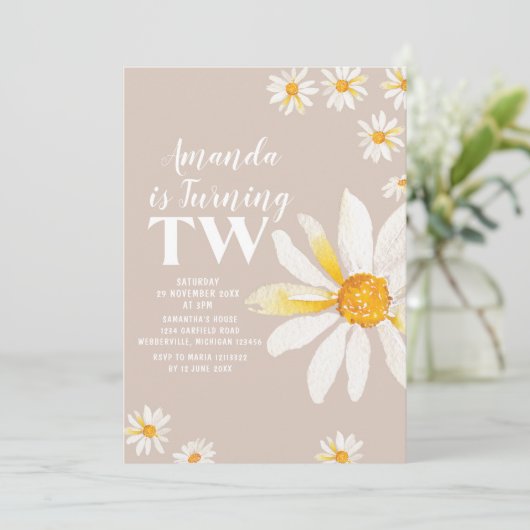 Retro Daisy Flowers Second Birthday Party Kaart (Staand voorkant)