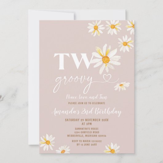 Retro Daisy Flowers Two Groovy Birthday Party Kaart (Voorkant)