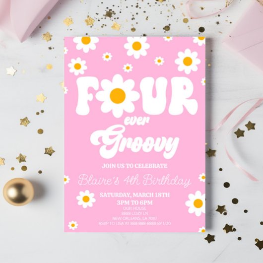 Retro Daisy Four Ever Groovy 4e verjaardagsfeestje Kaart
