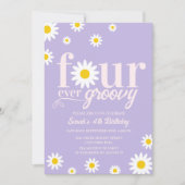 Retro Daisy Four Ever Groovy Paarse 4e Verjaardag Kaart (Voorkant)