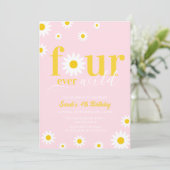 Retro Daisy Four Ever Wild Pink 4e verjaardag Kaart (Staand voorkant)