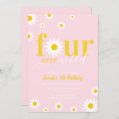 Retro Daisy Four Ever Wild Pink 4e verjaardag Kaart (Voorkant / Achterkant)