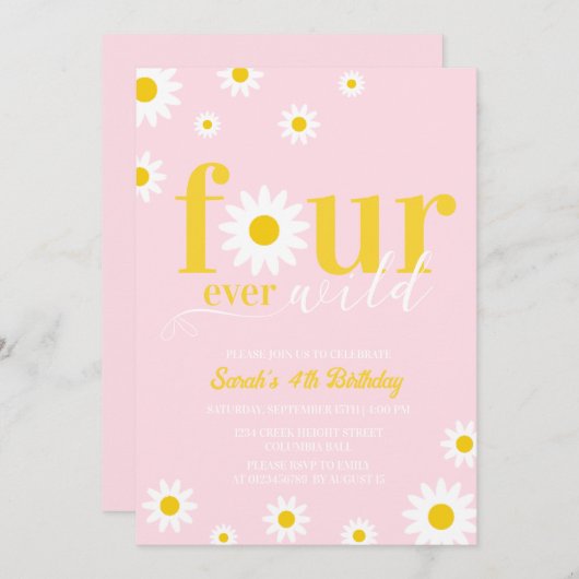 Retro Daisy Four Ever Wild Pink 4e verjaardag Kaart (Voorkant / Achterkant)