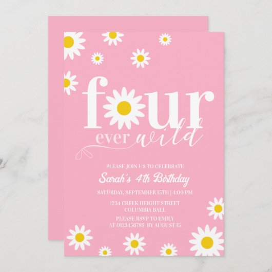 Retro Daisy Four Ever Wild Roze Wit 4e verjaardag Kaart (Voorkant / Achterkant)