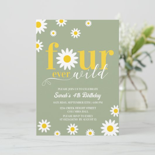 Retro Daisy Four Ever Wild Sage Green 4e verjaarda Kaart (Staand voorkant)