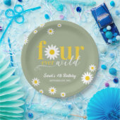 Retro Daisy Four Ever Wild Sage Green 4e verjaarda Papieren Bordje (Feest)