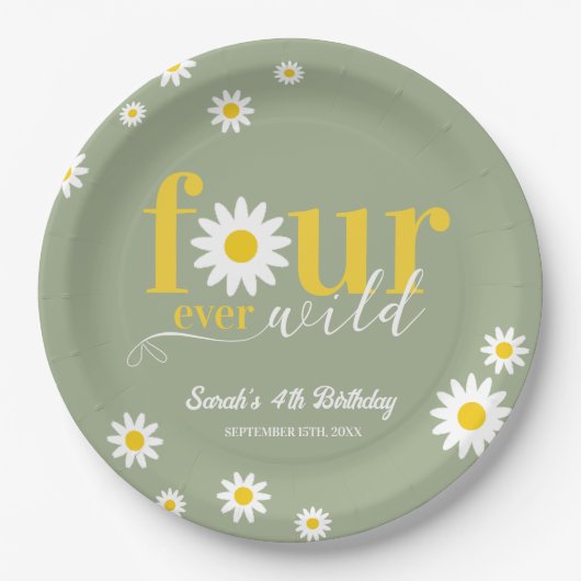 Retro Daisy Four Ever Wild Sage Green 4e verjaarda Papieren Bordje (Voorkant)