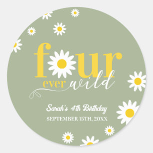 Retro Daisy Four Ever Wild Sage Green 4e verjaarda Ronde Sticker