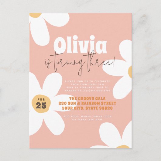 Retro Daisy Groovy Birthday Party Budget Briefkaar Uitnodiging Briefkaart (Voorkant)