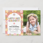 Retro Daisy Groovy Meisje Foto Verjaardagsfeestje Kaart (Voorkant)