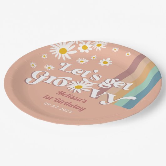 Retro Daisy Laten we Groovy Verjaardag Papieren Bordje (Gekanteld)