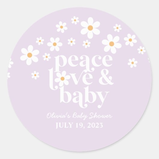 Retro Daisy lavender boho Peace Love Baby shower Ronde Sticker (Voorkant)